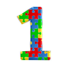 Fototapete - Colorful puzzle number 1 isolated on transparent background. This is a part of a set which also includes letters, symbols, and shapes.
