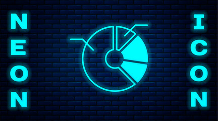 Wall Mural - Glowing neon Pie chart infographic icon isolated on brick wall background. Diagram chart sign. Vector