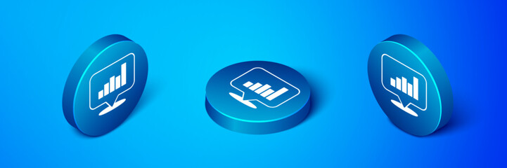 Poster - Isometric Pie chart infographic icon isolated on blue background. Diagram chart sign. Blue circle button. Vector