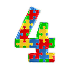 Fototapete - Colorful puzzle number 4 isolated on transparent background. This is a part of a set which also includes letters, symbols, and shapes.