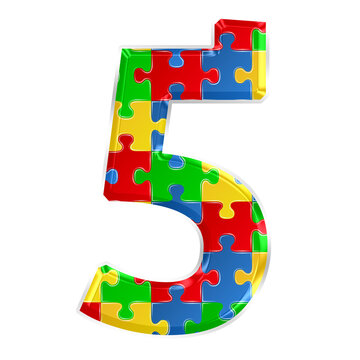 Colorful puzzle number 5 isolated on transparent background. This is a part of a set which also includes letters, symbols, and shapes.