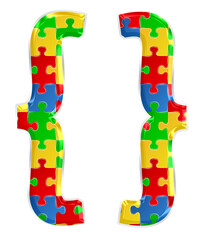 Fototapete - Colorful puzzle curly brackets symbol isolated on transparent background. This is a part of a set which also includes letters, numbers, and shapes.