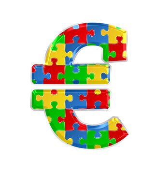 Colorful puzzle euro currency symbol isolated on transparent background. This is a part of a set which also includes letters, numbers, and shapes.