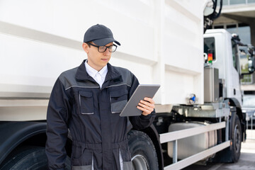 Sticker - Manager with a digital tablet next to garbage truck.