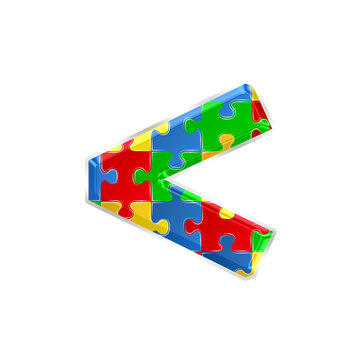 Colorful puzzle less than symbol isolated on transparent background. This is a part of a set which also includes letters, numbers, and shapes.