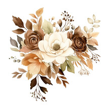 Fall Floral Bouquet. Watercolor Illustration Autumn Flowers And Tree Leaves Arrangement, Isolated On White Background.