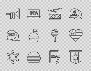 Poster - Set line Hexagram sheriff, American flag, Drum and drum sticks, Burger, Trumpet, Cake, USA on graphic tablet and Independence day icon. Vector