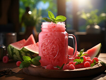 Refreshing Watermelon Smoothie In A Glass Jar, Garnished With Fresh Mint Leaves And A Slice Of Watermelon Generative AI