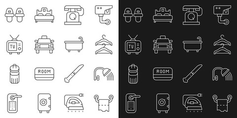 Canvas Print - Set line Toilet paper roll, Shower head, Hanger wardrobe, Telephone handset, Taxi car, Retro tv, Hotel slippers and Bathtub icon. Vector