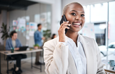 Poster - Excited, phone call and black woman in office for communication, conversation or chat. Smartphone, happy and business professional listening, talking or discussion with contact in coworking workplace