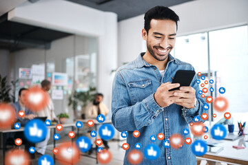 Aufkleber - Notification, phone and businessman on social media networking as communication with overlay or graphic like. Happy, heart emoji and employee or worker texting on a mobile app, website or web