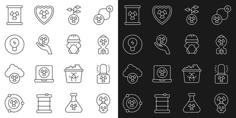 Poster - Set line Radioactive, warning lamp, Nuclear bomb, Light bulb with concept of idea, waste barrel and reactor worker icon. Vector