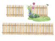 © Nikole - Fence details, set of isolated elements wooden fence and decoration with flowers, plants and abstract birds, watercolor illustration for your design.