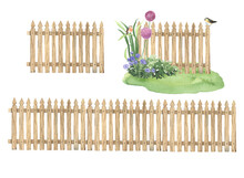 Fence Details, Set Of Isolated Elements Wooden Fence And Decoration With Flowers, Plants And Abstract Birds, Watercolor Illustration For Your Design.
