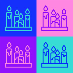 Sticker - Pop art line Burning candle icon isolated on color background. Cylindrical aromatic candle stick with burning flame. Happy Halloween party. Vector