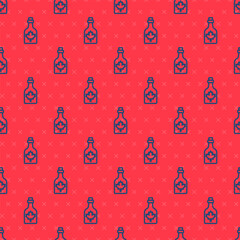 Sticker - Blue line Bottle of maple syrup icon isolated seamless pattern on red background. Vector