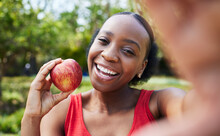Apple, Selfie And Healthy Black Woman With A Fruit On A Farm With Fresh Produce In Summer And Smile For Wellness. Happy, Nutrition And Young Female Person On An Organic Food Diet For Self Care