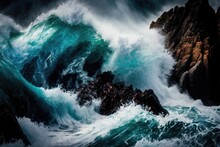 Waves Crashing Against Rocky Shores In The Ocean. Generative AI