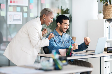 Aufkleber - Excited, laptop and happy business people celebrate news, website design achievement or company winning success. Diversity, winner or staff announcement, notification or celebration for feedback info