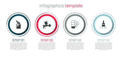 Sticker - Set Paint bucket with brush, spray gun, Color palette guide and . Business infographic template. Vector