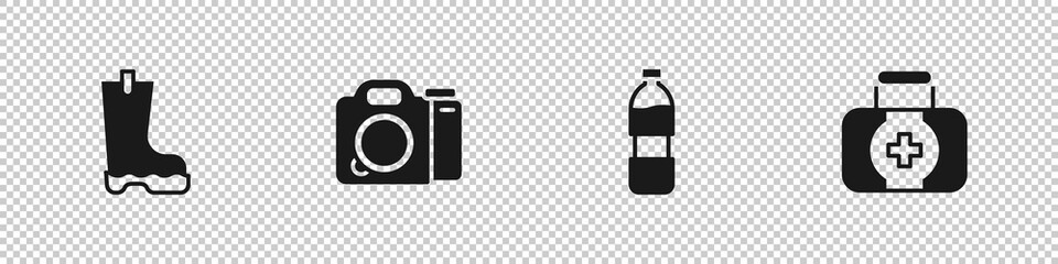 Sticker - Set Waterproof rubber boot, Photo camera, Bottle water and First aid kit icon. Vector