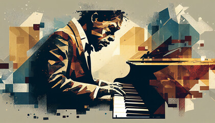 Wall Mural - Afro-American male jazz musician pianist playing a piano in a vintage abstract distressed geometric style painting background for a poster or flyer, computer Generative AI stock illustration image