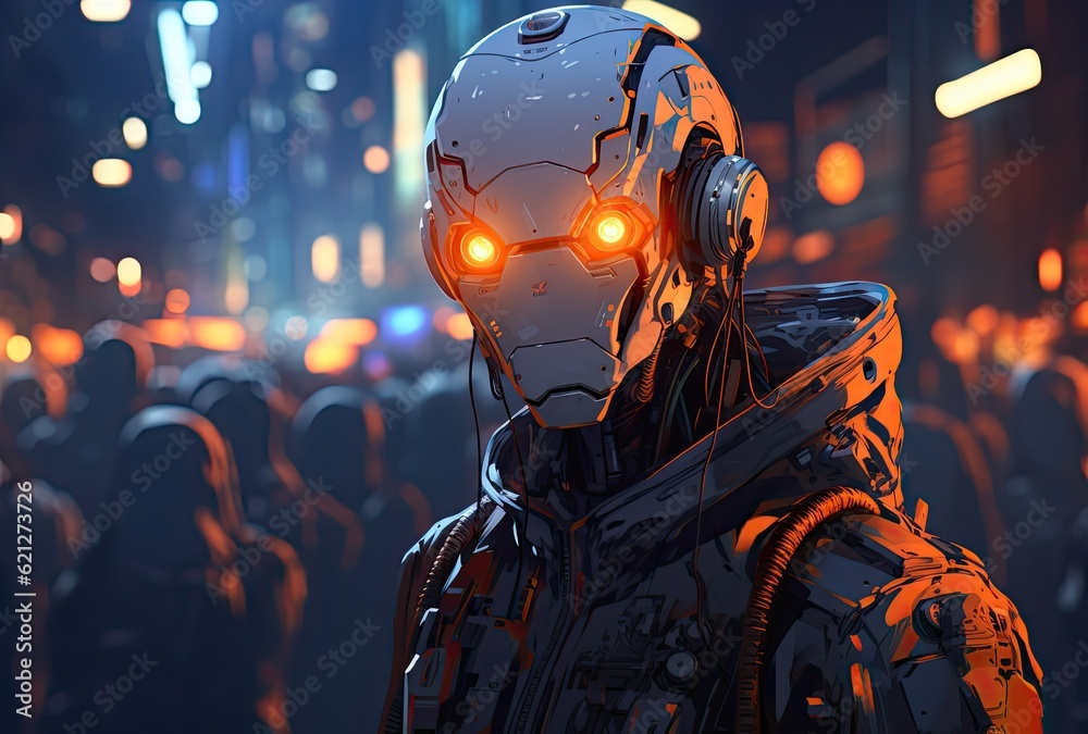 Cybernetic humanoid robot with glowing eyes in the futuristic city at ...