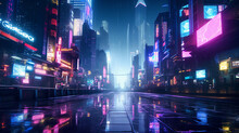 Cyberpunk Cityscape, Hyper - Futuristic Commercial District, Neon Lights, Flying Cars, Skyscrapers With Digital Billboards, Rainy, Reflective Surfaces, Night Time