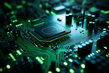 A Close - Up Shot Of A Green Circuit Board, Resembling A Futuristic City From Above, Saturated Colors, Extreme Detail,