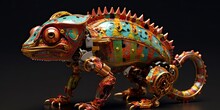 Steampunk Chameleon robot Concept. Mechanical Reptile Animal lizard. AI Illustration.