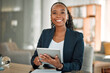 © Daniels C/peopleimages.com - Lawyer, portrait and black woman with tablet in office for research, email and smile. African attorney, technology and face of happy professional, advocate and legal advisor from Nigeria in law firm.