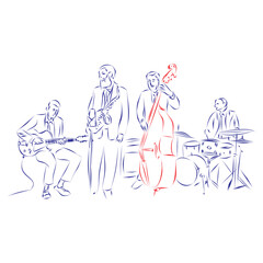 Continuous line drawing of a jazz band with electric guitar, saxophone, double bass and drums, isolated on white. Hand drawn, vector illustration music concept