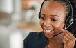 CRM, telemarketing and black woman with headphones, call center and telecom sales with help. Female person, consultant and agent with tech support, representative and customer service with network