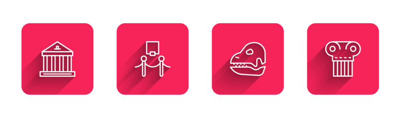 Sticker - Set line Museum building, Picture and rope barrier, Dinosaur skull and Ancient column with long shadow. Red square button. Vector