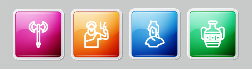 Poster - Set line Medieval axe, Zeus, Ancient bust sculpture and amphorae. Colorful square button. Vector