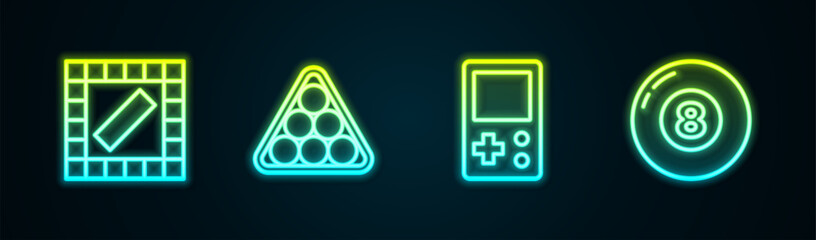 Canvas Print - Set line Board game, Billiard balls in triangle, Tetris and pool snooker. Glowing neon icon. Vector