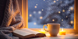 Christmas background. A cup of tea, books, a candle and a knitted scarf on the window background AI Generated