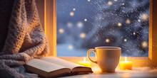 Christmas Background. A Cup Of Tea, Books, A Candle And A Knitted Scarf On The Window Background AI Generated