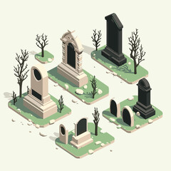 tombstone grave set isometric vector flat isolated illustration