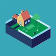 Home isometric with garden design.Flat house vector illustration.