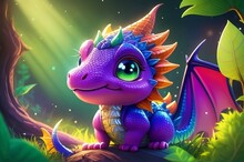 Playful Baby Dragon With Colorful Scales Frolicking In A Lush Forest - Generative AI