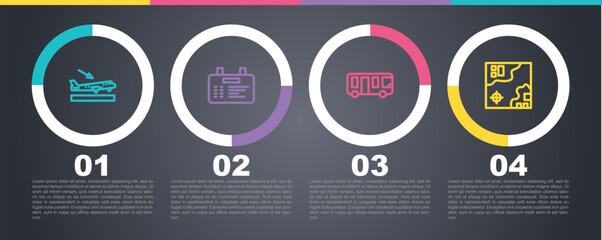 Poster - Set line Plane landing, Airport board, bus and World travel map. Business infographic template. Vector