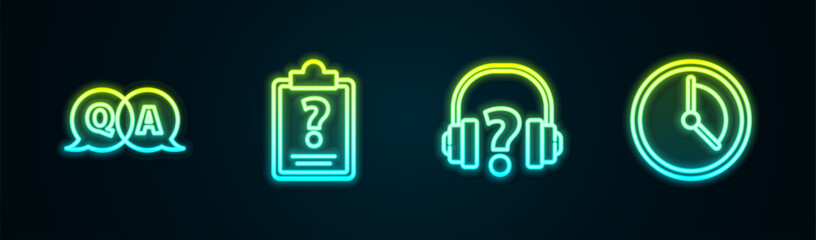 Poster - Set line Question and Answer, Clipboard with question marks, Headphones and Time Management. Glowing neon icon. Vector