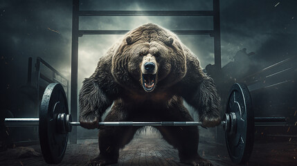 determinado urso  gigante levantando pesos na sala de ginástica
