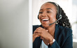 Funny, telemarketing and black woman with a smile, customer service and internet connection with help. Female person, humor and agent with telecom sales, tech support and call center with headphones