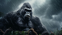 Gorila  Determinado Na Tempestade Da Floresta