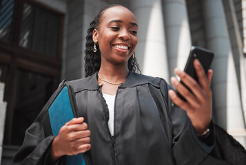 Canvas Print - Judge, court or lawyer with phone to contact a client, communication or legal services and advice on mobile app online. Smile, black woman and smartphone for research, information or consulting law