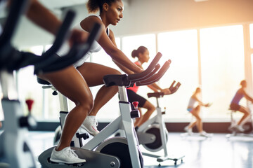 Wall Mural - Group fitness class , featuring participants engaged in an energetic workout, such as spinning, aerobics, set against a bright, gym studio background