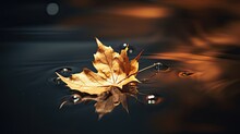 A Close-up View Of A Golden Autumn Leaf Floating In A Shallow Pool Of Water, Capturing The Reflection And Serene Ambiance Of The Season For Your Text Or Design Elements. Generative AI. 