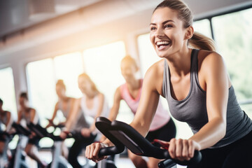 Group fitness class , featuring participants engaged in an energetic workout, such as spinning, aerobics, set against a bright, gym studio background